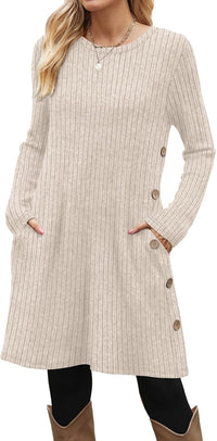 OFEEFAN Fall and Winter Tunic Dress with Pockets Long Sleeve Crew Neck Buttons Side