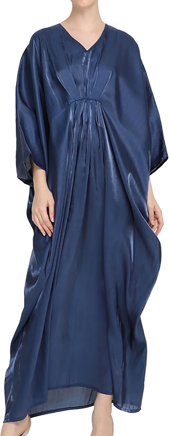 Panegy Women's Shiny Long Dress V-Neck Batwing Sleeve Kaftan Dress Solid Ethnic Maxi Robe