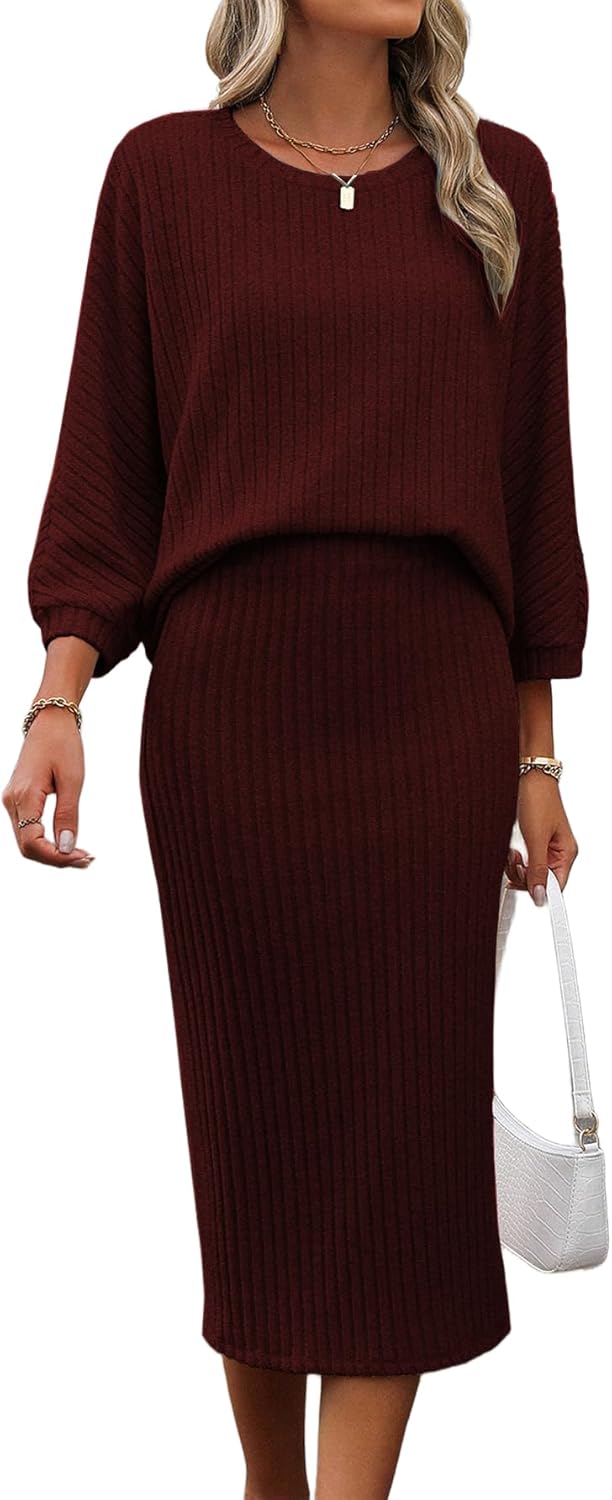 HBQ Women's 2 Piece Sweater Skirt Sets Ribbed Knit Loose Lantern Sleeve Top Midi Skirt Outfit Casual Loungewear Sets