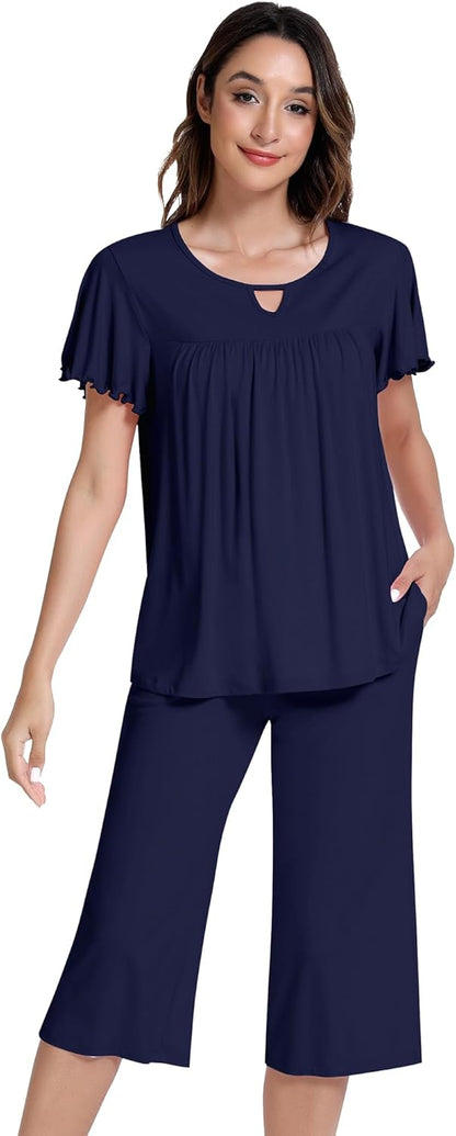 NACHILA Women’s Pajamas-Viscose Made from Bamboo, Short Sleeve Pjs Top with Capri Pajama Sets for Women Cool V Neck Sleepwear