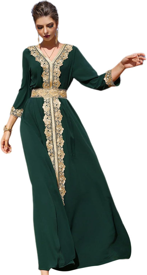 Abaya for Women Floral Lace Ethnic Moroccan Dress Muslim Dubai Attire Islamic Clothes Wedding Eid Ramadan Jalabiya