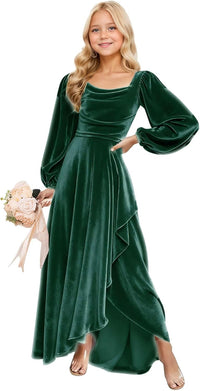 Long Sleeve Junior Bridesmaid Dresses Velvet Flower Girl Dress for Wedding Party Pageant Gown with Ruffle