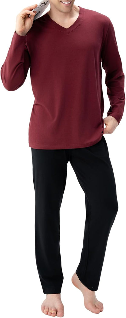 DAVID ARCHY Men's Pajamas Set Soft Cotton Long Sleeve Sleepwear Comfy Loungewear Pjs with Pockets