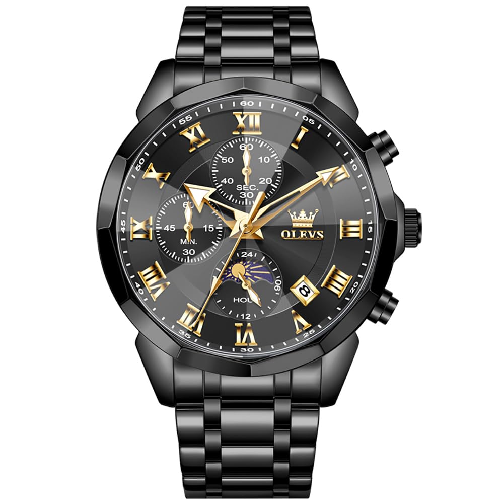 OLEVS Watches Men Luxury Chronograph Moon Phase Waterproof Luminous Watches for Men Analog Quartz Calendar Stainless Steel Strap Wrist Watches-(Black/Blue/Gold/Grey/Silver Face)