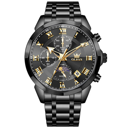 OLEVS Watches Men Luxury Chronograph Moon Phase Waterproof Luminous Watches for Men Analog Quartz Calendar Stainless Steel Strap Wrist Watches-(Black/Blue/Gold/Grey/Silver Face)