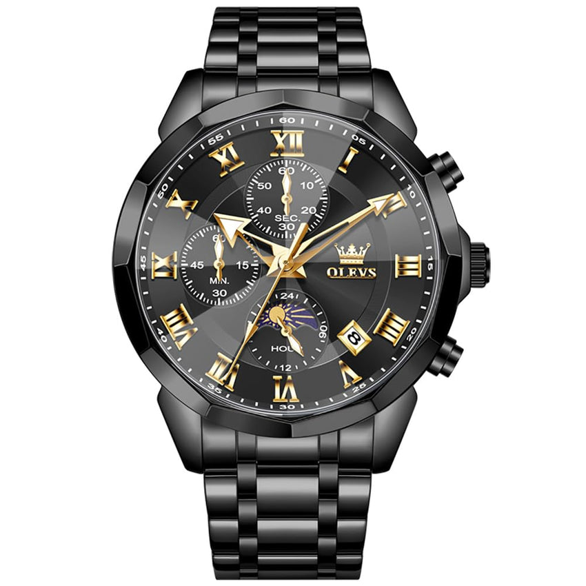 OLEVS Watches Men Luxury Chronograph Moon Phase Waterproof Luminous Watches for Men Analog Quartz Calendar Stainless Steel Strap Wrist Watches-(Black/Blue/Gold/Grey/Silver Face)