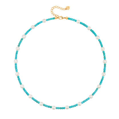 Aobei Pearl 18K Gold Plated Paperclip Chain Choker Satellite Chain Freshwater Cultured Biwa Pearl Pendant Necklace Dainty Turquoise Jewelry for Women