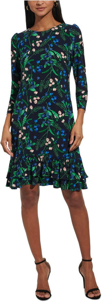 Tommy Hilfiger Women's 3/4 Sleeve High Neck Ruffle Trim Jersey Mini Dress