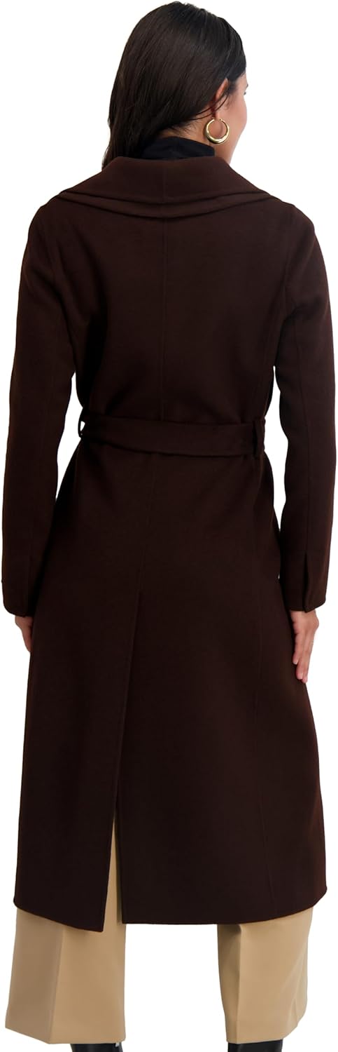 TAHARI Women's Slim Fit Double-Faced Wool Blend Wrap Coat with Tie Belt – Longline Silhouette, Chocolate, Large