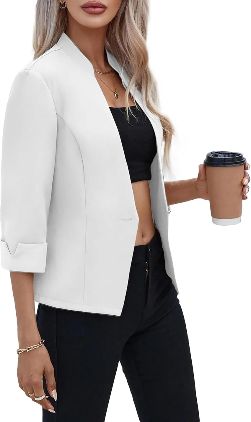 Mina Self 2025 Women's Summer 3/4 Sleeve Blazer Jacket Lightweight Fully-Lined Slim Stand Collar Casual Petite Work Suits