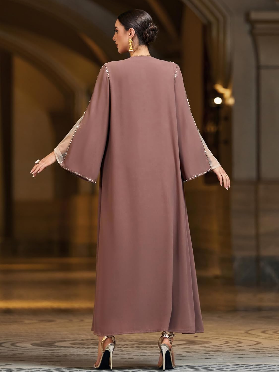 Handmade Beaded Open Front Robe Coat, Elegant Long Sleeve Outerwear Women's Modest Cover-Up, NO INNER, Mauve Brown