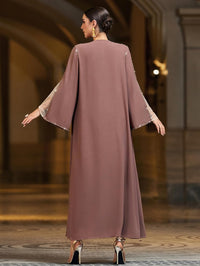Handmade Beaded Open Front Robe Coat, Elegant Long Sleeve Outerwear Women's Modest Cover-Up, NO INNER, Mauve Brown