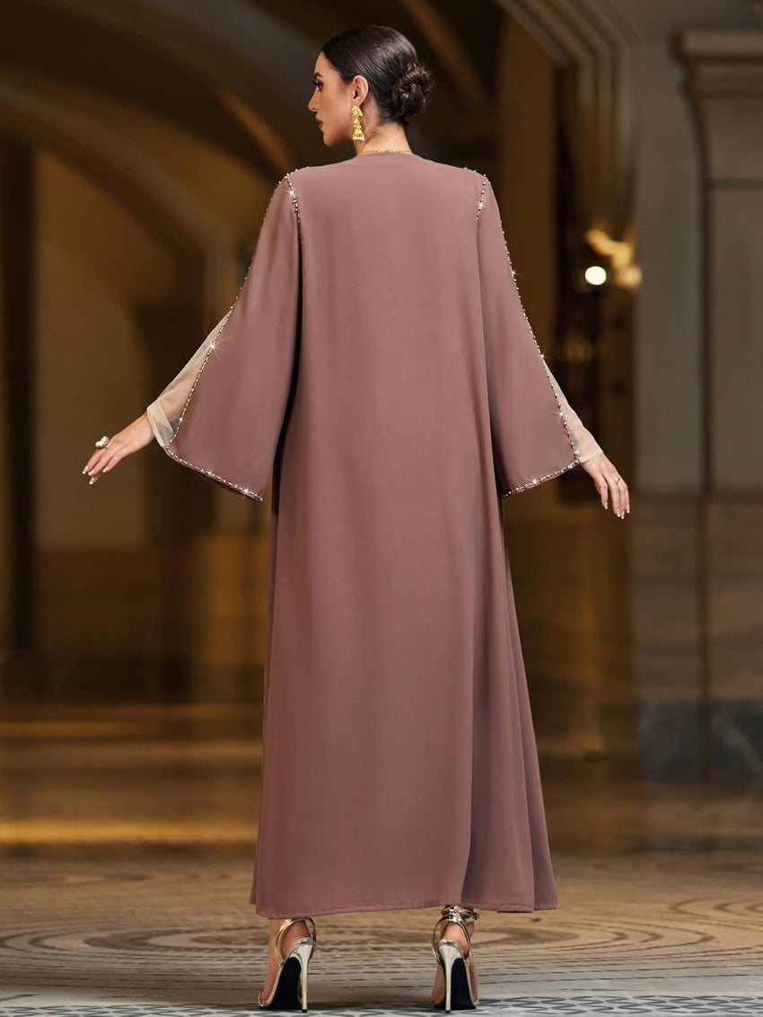 Handmade Beaded Open Front Robe Coat, Elegant Long Sleeve Outerwear Women's Modest Cover-Up, NO INNER, Mauve Brown