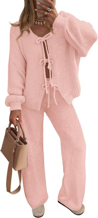 ZESICA Women's 2 Piece Outfits Lounge Pajama Sets 2025 Fall Long Sleeve Cardigans Wide Leg Pants Matching Winter Clothes