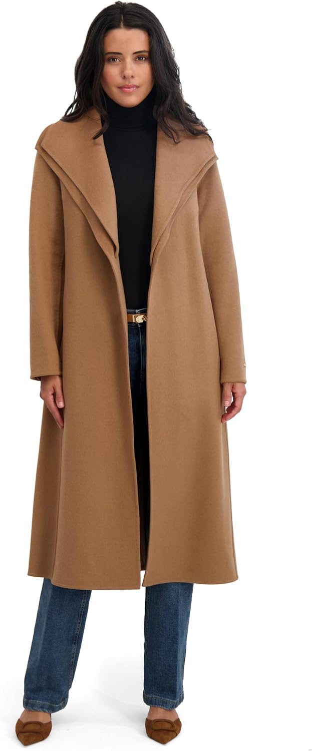 TAHARI Women's Slim Fit Double-Faced Wool Blend Wrap Coat with Tie Belt – Longline Silhouette, Camel, X-Large