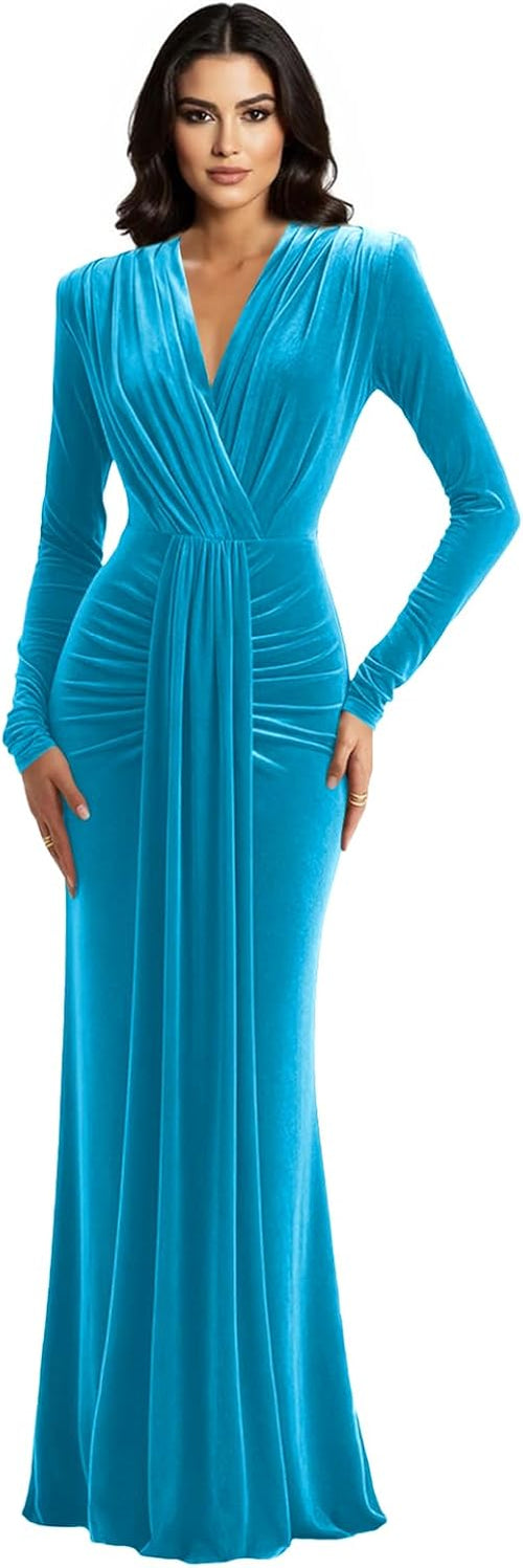 Long Sleeve Velvet Formal Dresses with Tie Long V Neck Mermaid Empire Waist Evening Prom Gowns