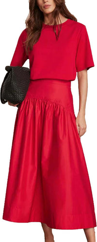 Bozanly Summer Two Piece Outfits Skirts Set for Women Crewneck Short Sleeve Tee and Midi Skirt Sets Dresses