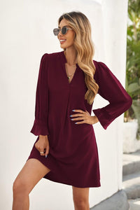 QACOHU Fall Dresses for Women 2025 Casual V Neck Long Sleeves Flowy Mini Tunic Dress