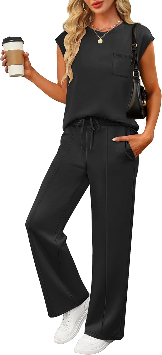 ANRABESS Two Piece Sets for Women Summer Sleeveless Sweatsuits Wide Leg Casual Lounge Set Matching Vacation Travel Outfits