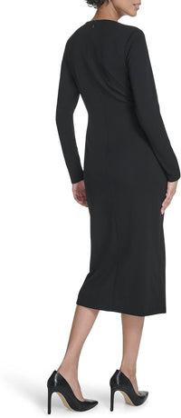 Calvin Klein Womens Long Sleeve Round Neck Scuba Crepe Side Ruffle Midi Dress