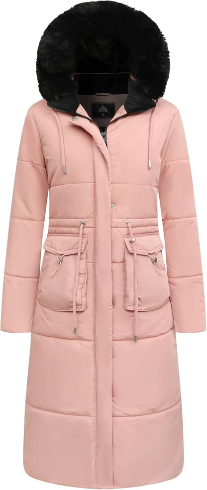 MOERDENG Women's Long Winter Puffer Coat Waterproof Warm Maxi Down Jacket Faux Fur Removable Hood Parka