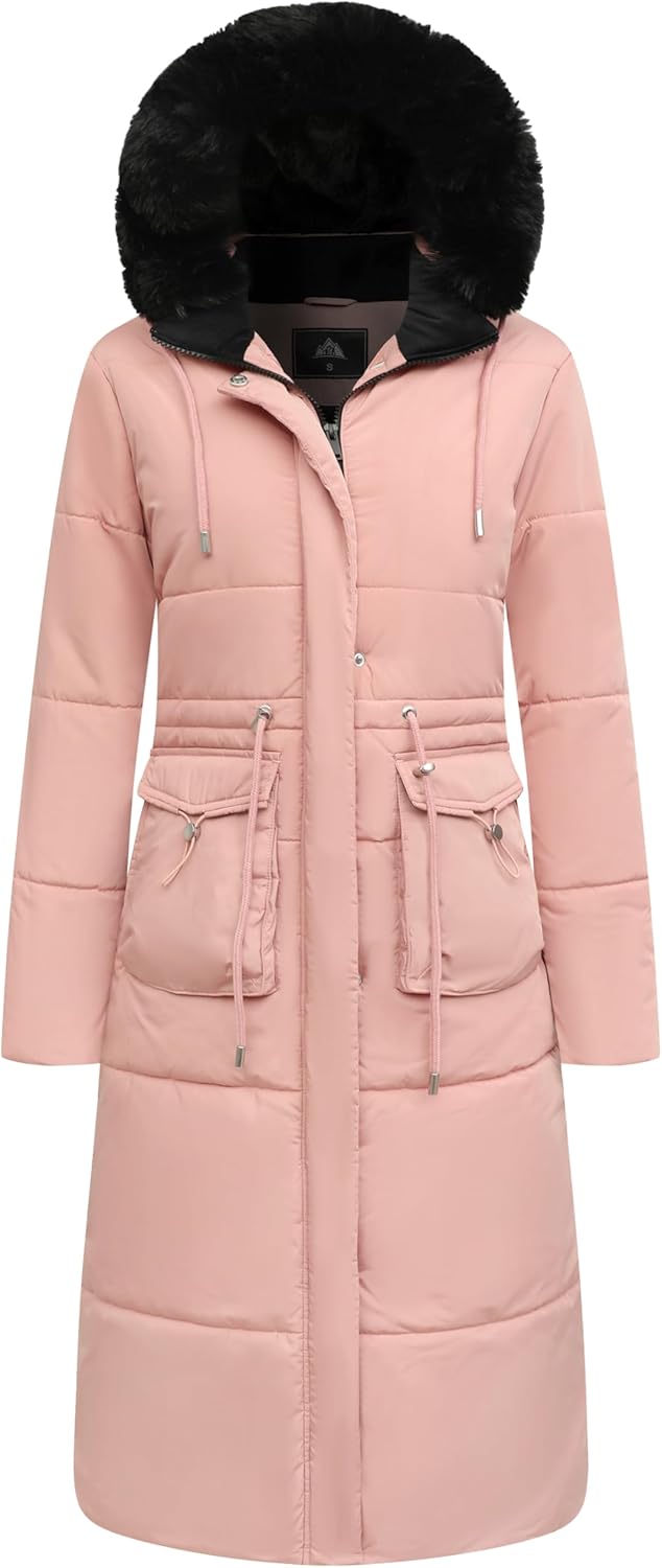 MOERDENG Women's Long Winter Puffer Coat Waterproof Warm Maxi Down Jacket Faux Fur Removable Hood Parka