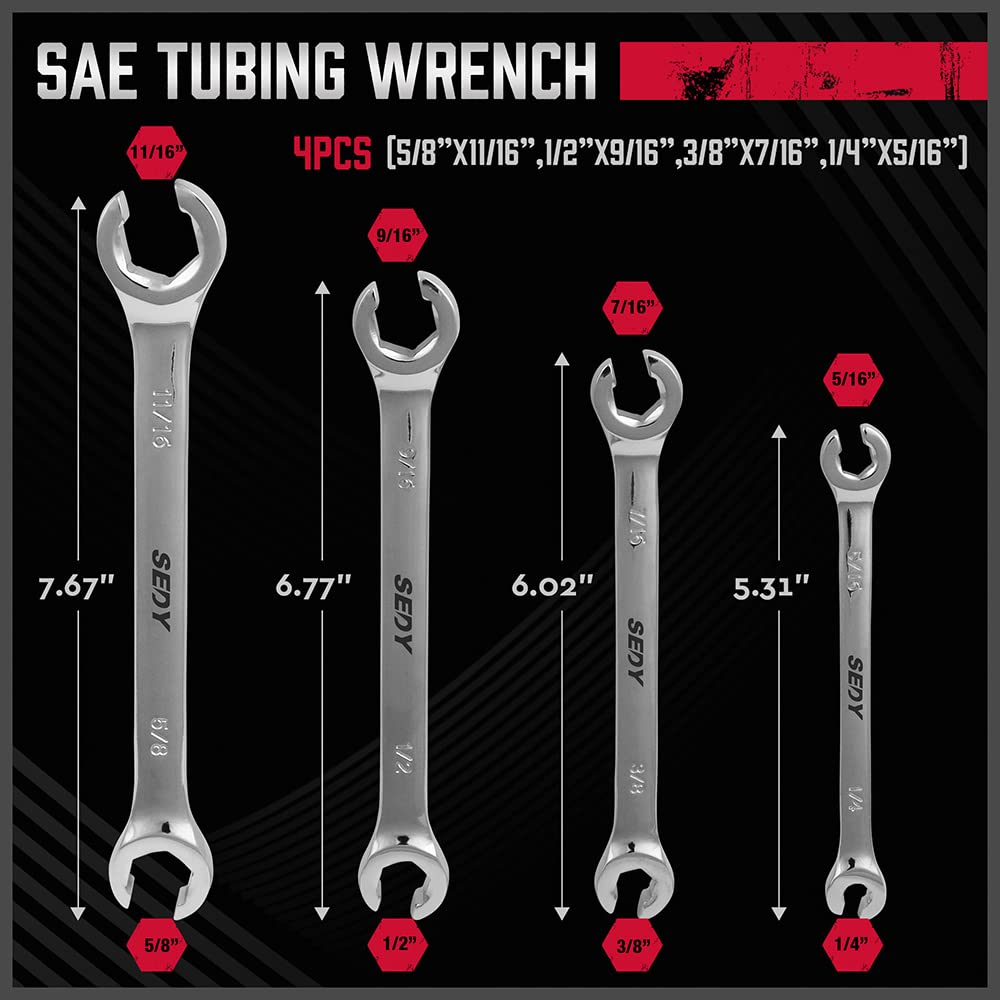 4-Piece Flare Nut Wrench Set - SAE Brake Line Wrench 1/4, 5/16, 3/8, 7/16, 1/2, 9/16, 5/8, 11/16-inch, Professional Offset Heads, Portable Organizer Pouch Included