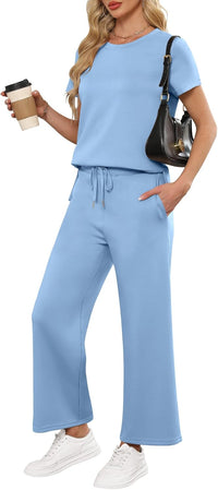 ANRABESS Women 2 Piece Lounge Sets Summer Travel Sweat Outfits Short Sleeve Wide Leg Casual Matching Tracksuits Clothes