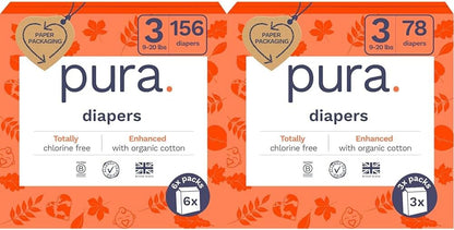 Pura Size 6 Eco-Friendly Diapers (29+ lbs) Hypoallergenic, Soft Organic Cotton, Sustainable, up to 12 Hours Leak Protection, Allergy UK, Recyclable Paper Packaging, 18 Count (Pack of 3) (54 Diapers)