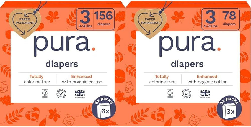 Pura Size 6 Eco-Friendly Diapers (29+ lbs) Hypoallergenic, Soft Organic Cotton, Sustainable, up to 12 Hours Leak Protection, Allergy UK, Recyclable Paper Packaging, 18 Count (Pack of 3) (54 Diapers)