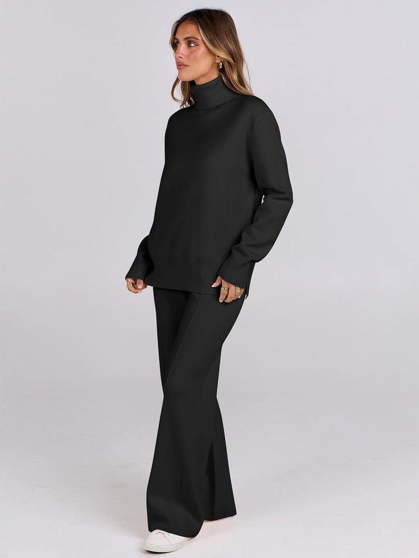 ANRABESS Womens 2 Piece Outfits Turtleneck Matching Lounge Set Sweater Top Wide Leg Pants Fall Cozy Knit Sweatsuit Loungewear