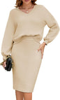 Pink Queen Women's 2 Piece Outfits Set Knit V Neck Batwing Long Sleeve Loose Top Bodycon Midi Skirt Sweater Dresses