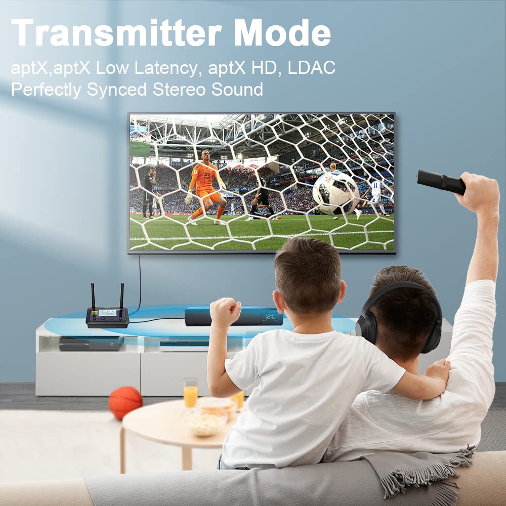 1Mii B03Pro+ Bluetooth 5.3 Transmitter Receiver Certified LDAC for TV Home Stereo, Long Range Bluetooth Extender Wireless Audio Adapter with Screen, Optical RCA AUX 3.5mm Outputs/Inputs