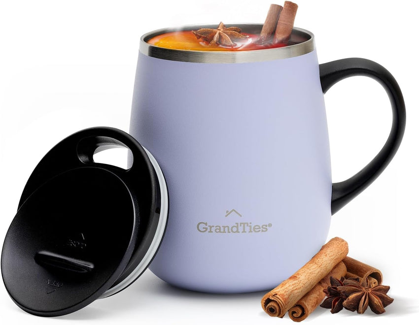 GRANDTIES Insulated Coffee Mug with Handle–Sliding Lid for Splash-Proof 16oz Wine-Glass Shape Thermal Tumbler with Double Walled Vacuum Stainless Steel to Keeps Beverages Hot or Cold-Cognac Metallic