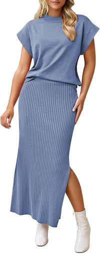 Pink Queen Women's 2 Piece Sweater Outfits Set Summer Cap Sleeve Tops Bodycon Maxi Long Skirt Knit Dresses