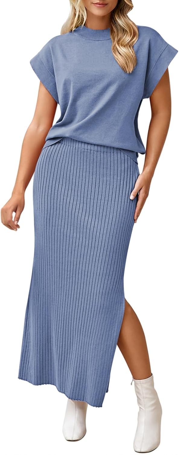 Pink Queen Women's 2 Piece Sweater Outfits Set Summer Cap Sleeve Tops Bodycon Maxi Long Skirt Knit Dresses