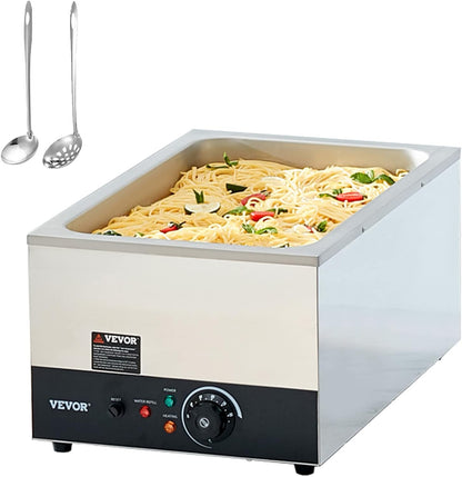 VEVOR Commercial Food Warmer, 1500W Electric Stainless Steel Steam Food Warmer with Lid, 6-Pan Fast Heating Countertop Buffet Bain Marie with Soup & Perforated Ladles, for Catering, Restaurant, Party