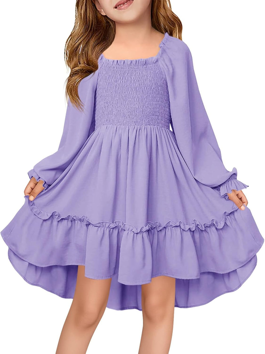 Haloumoning Girls Lantern Long Sleeve Dresses Kids Square Neck High Low Hem Smocked Fall Dress 5-14 Years