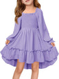 Haloumoning Girls Lantern Long Sleeve Dresses Kids Square Neck High Low Hem Smocked Fall Dress 5-14 Years
