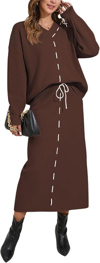 Pink Queen 2025 Women's 2 Piece Sweater Set V Neck Rib Knit Long Sleeve Maxi Bodycon Skirt Casual Outfits
