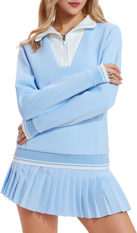 Airfree Womens 2 Piece Set Lapel Half Zip Sweatshirts High Waisted Pleated Tennis Skirt Sets Casual Sweatsuits Sporty Outfit