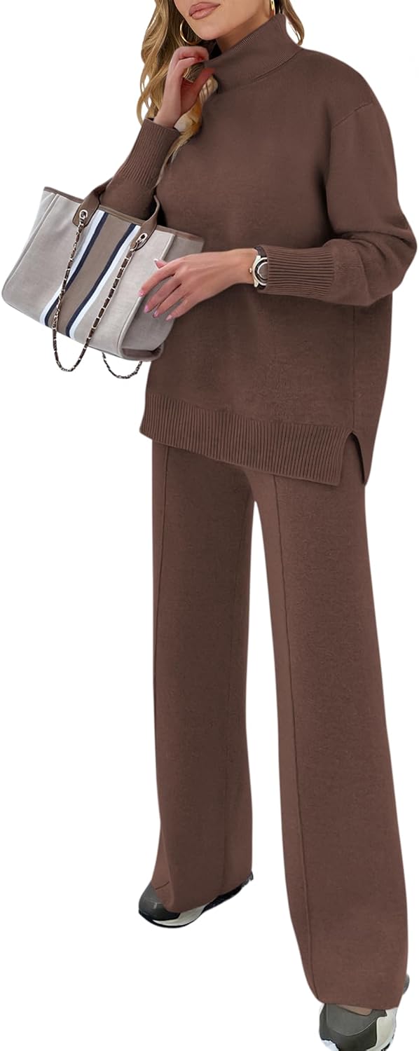 ANRABESS Womens 2 Piece Outfits Turtleneck Matching Lounge Set Sweater Top Wide Leg Pants Fall Cozy Knit Sweatsuit Loungewear