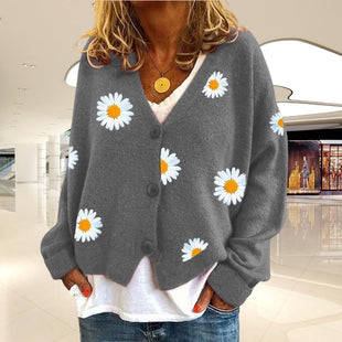 ZOCAVIA Women's Floral Knit Sweaters Cardigan Fall Winter Button Down Open Front Casual Flower Embroidered Cropped Sweaters