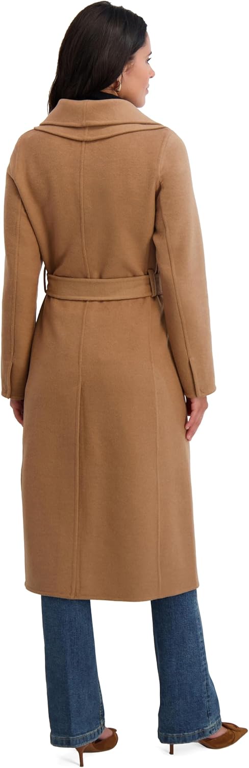 TAHARI Women's Slim Fit Double-Faced Wool Blend Wrap Coat with Tie Belt – Longline Silhouette, Camel, X-Large