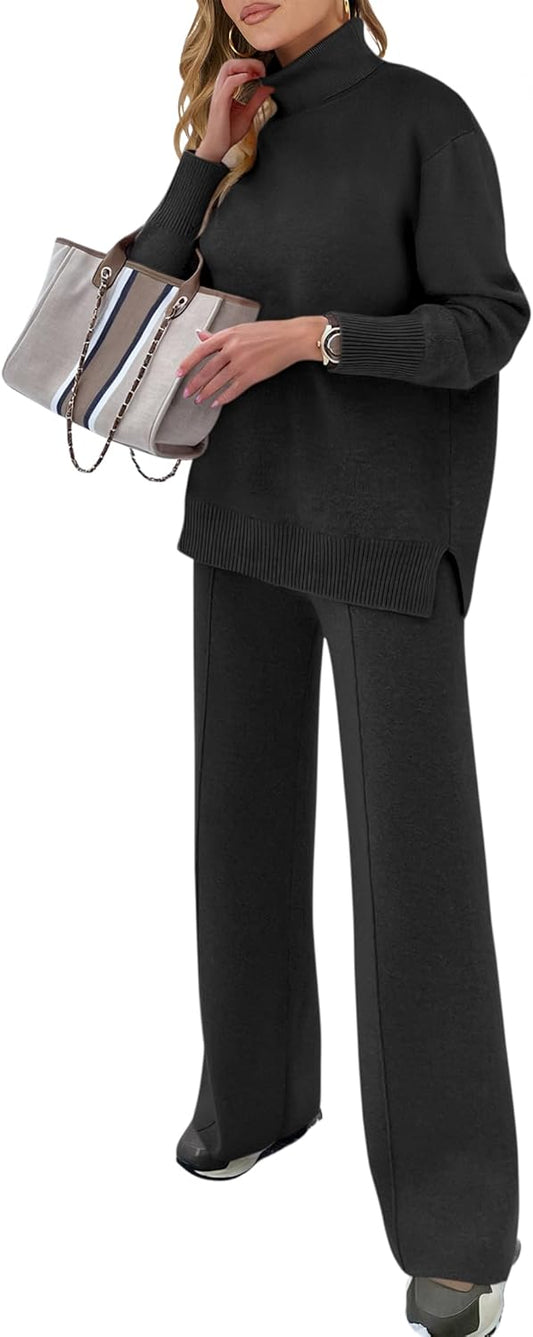 ANRABESS Womens 2 Piece Outfits Turtleneck Matching Lounge Set Sweater Top Wide Leg Pants Fall Cozy Knit Sweatsuit Loungewear