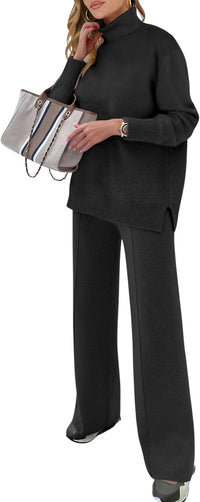 ANRABESS Womens 2 Piece Outfits Turtleneck Matching Lounge Set Sweater Top Wide Leg Pants Fall Cozy Knit Sweatsuit Loungewear
