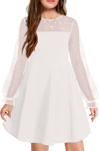 Arshiner Girl's Contrast Mesh Puff Long Sleeve High Waist A Line Short Dress with Pockets for 6-13 Years