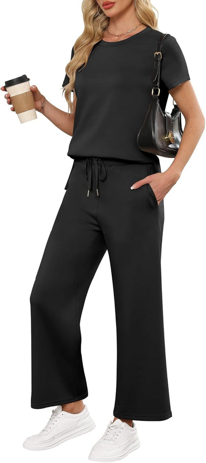 ANRABESS Women 2 Piece Lounge Sets Summer Travel Sweat Outfits Short Sleeve Wide Leg Casual Matching Tracksuits Clothes