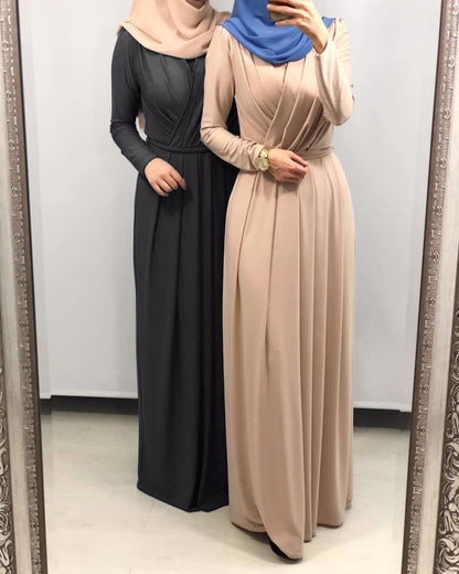 FPOVFPO Women's Muslim Abaya Dress - One-Piece V Neck Belt Tie Islamic Full Length Kaftan Daily Casual Dress