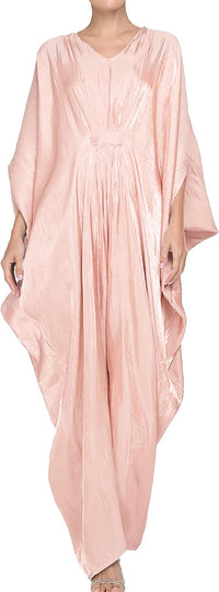 Panegy Women's Shiny Long Dress V-Neck Batwing Sleeve Kaftan Dress Solid Ethnic Maxi Robe